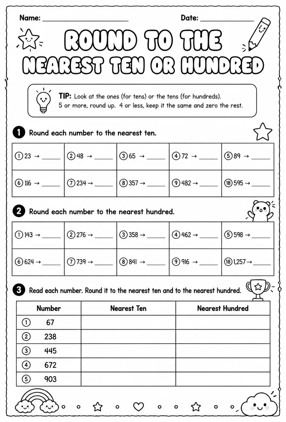 Round to the nearest ten or hundred — free printable Grade 3 math worksheet
