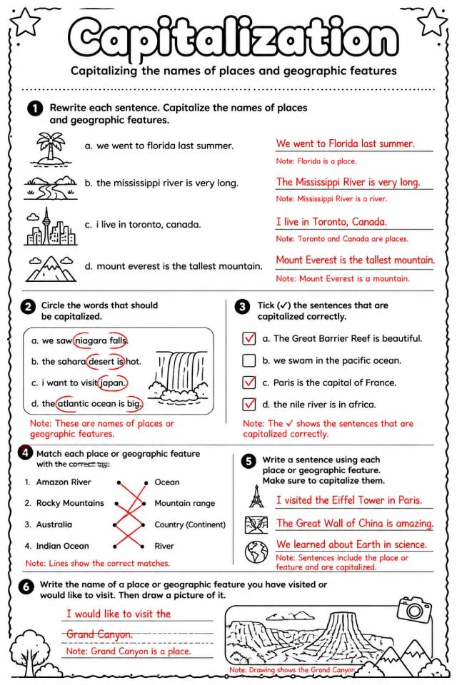 Answer key for Capitalizing the names of places and geographic features — free printable English & Reading worksheet