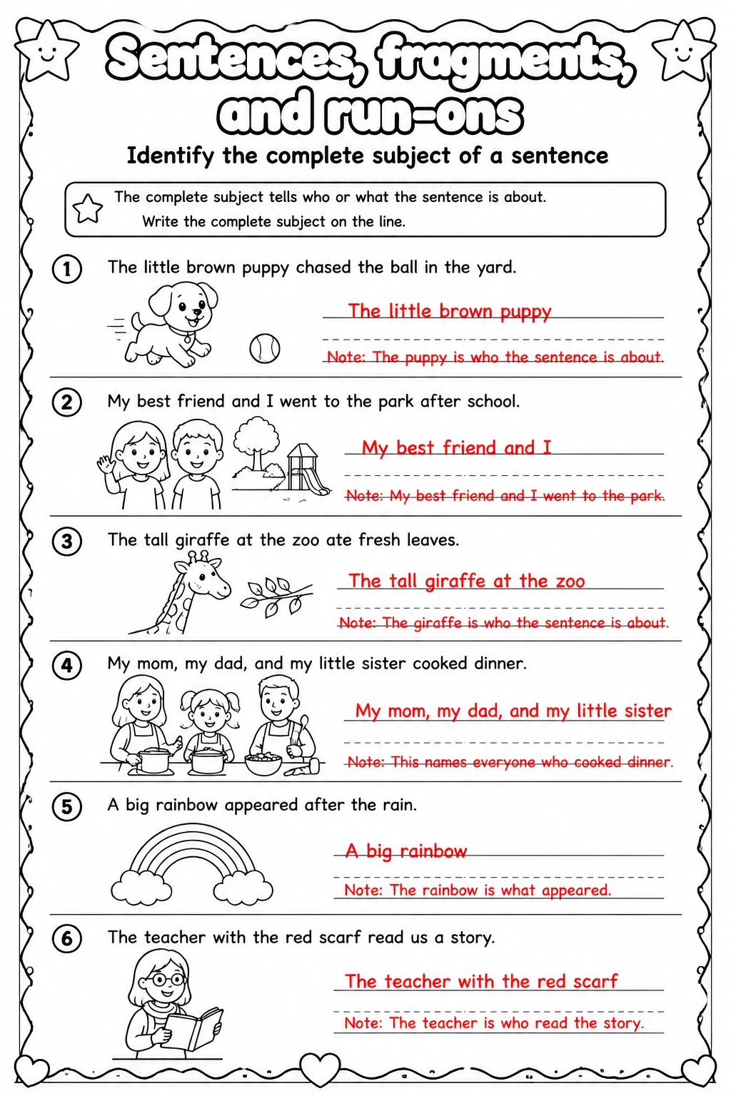 Answer key for Identify the complete subject of a sentence — free printable English & Reading worksheet