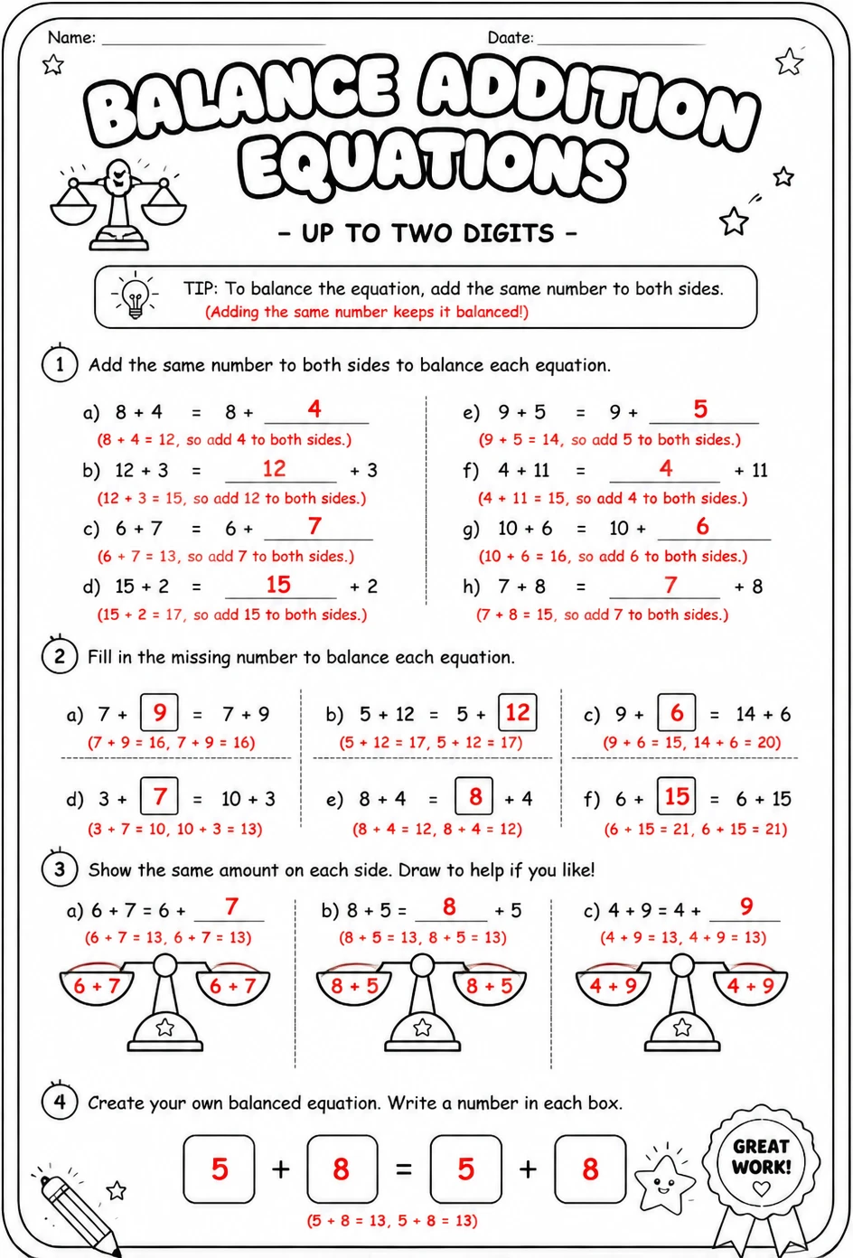 Answer key for Balance addition equations - up to two digits — free printable Math worksheet