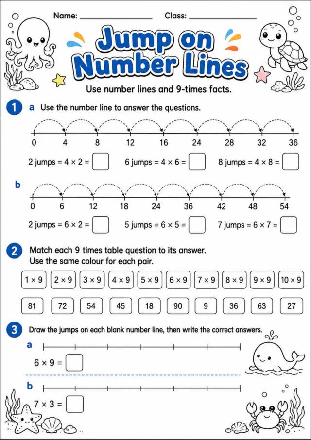 Jump on Number Lines - Grade 3 Math Worksheet grade 3 printable PDF preview