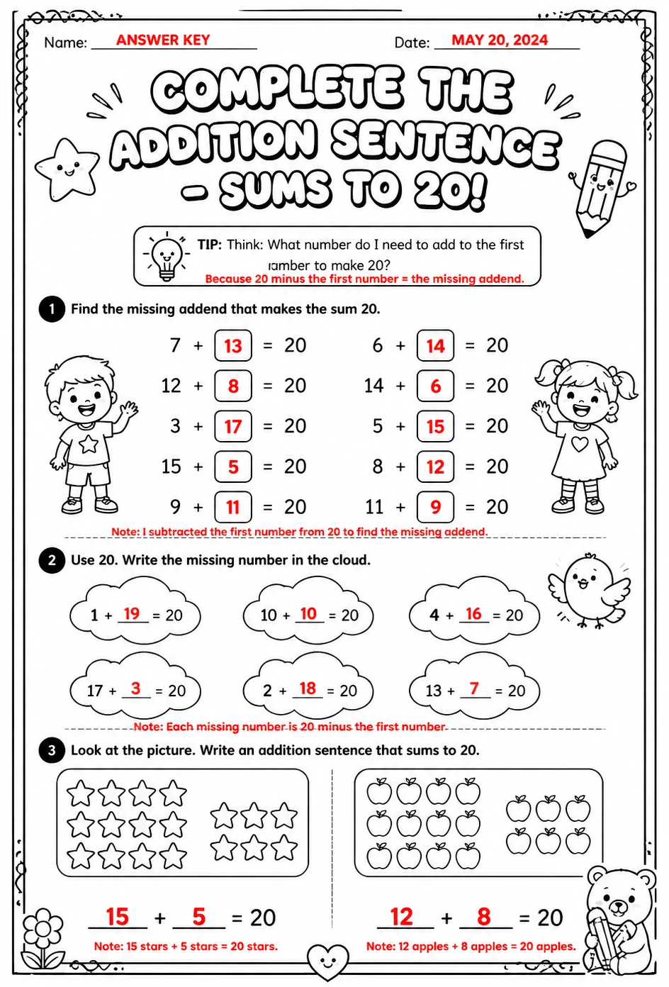 Answer key for Complete the addition sentence - sums to 20 — free printable Math worksheet