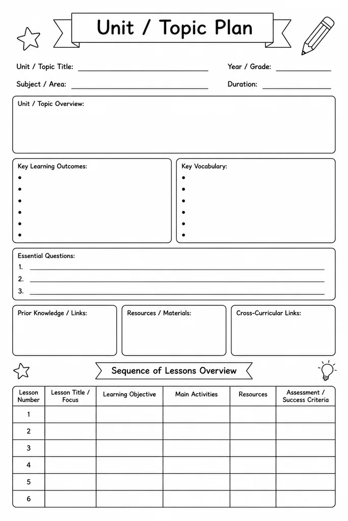 Blank printable unit and topic plan template with rows for each lesson in a sequence, columns for focus, resources, and assessment notes