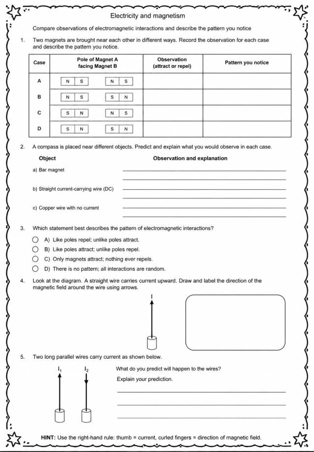 Compare observations of electromagnetic interactions and describe the pattern you notice — free printable Middle School Science worksheet