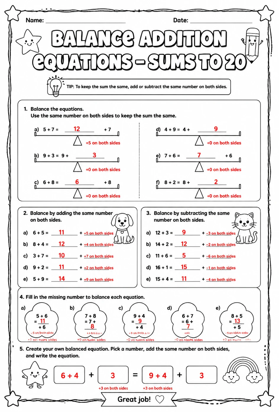 Answer key for Balance addition equations - sums to 20 — free printable Math worksheet