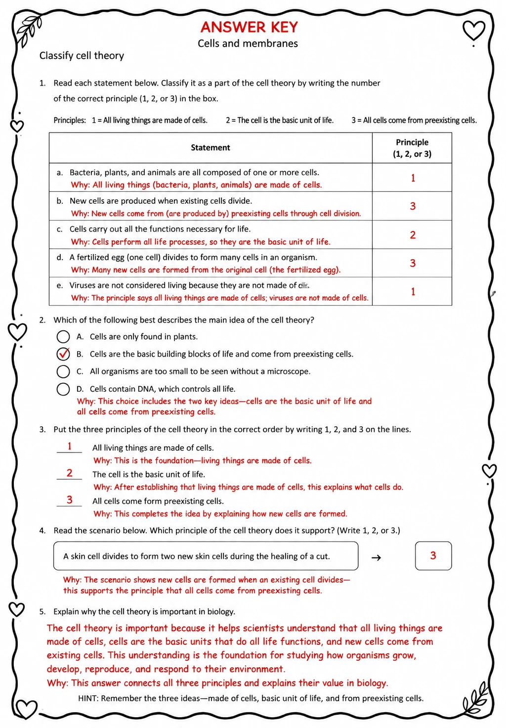 Answer key for Classify cell theory — free printable Science worksheet