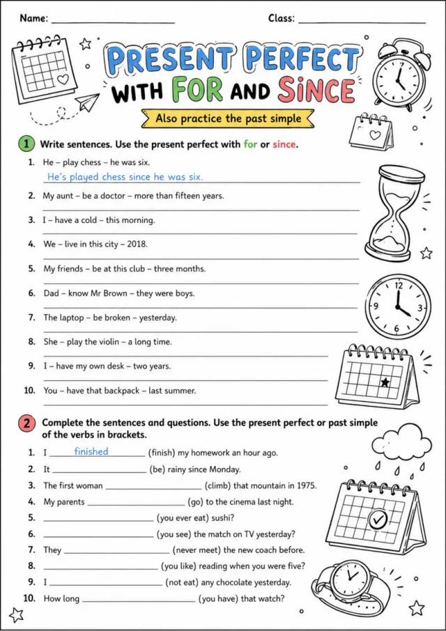 Present Perfect With For And Since 2 | Grade 5 Grammar Worksheet grade 5 printable PDF preview