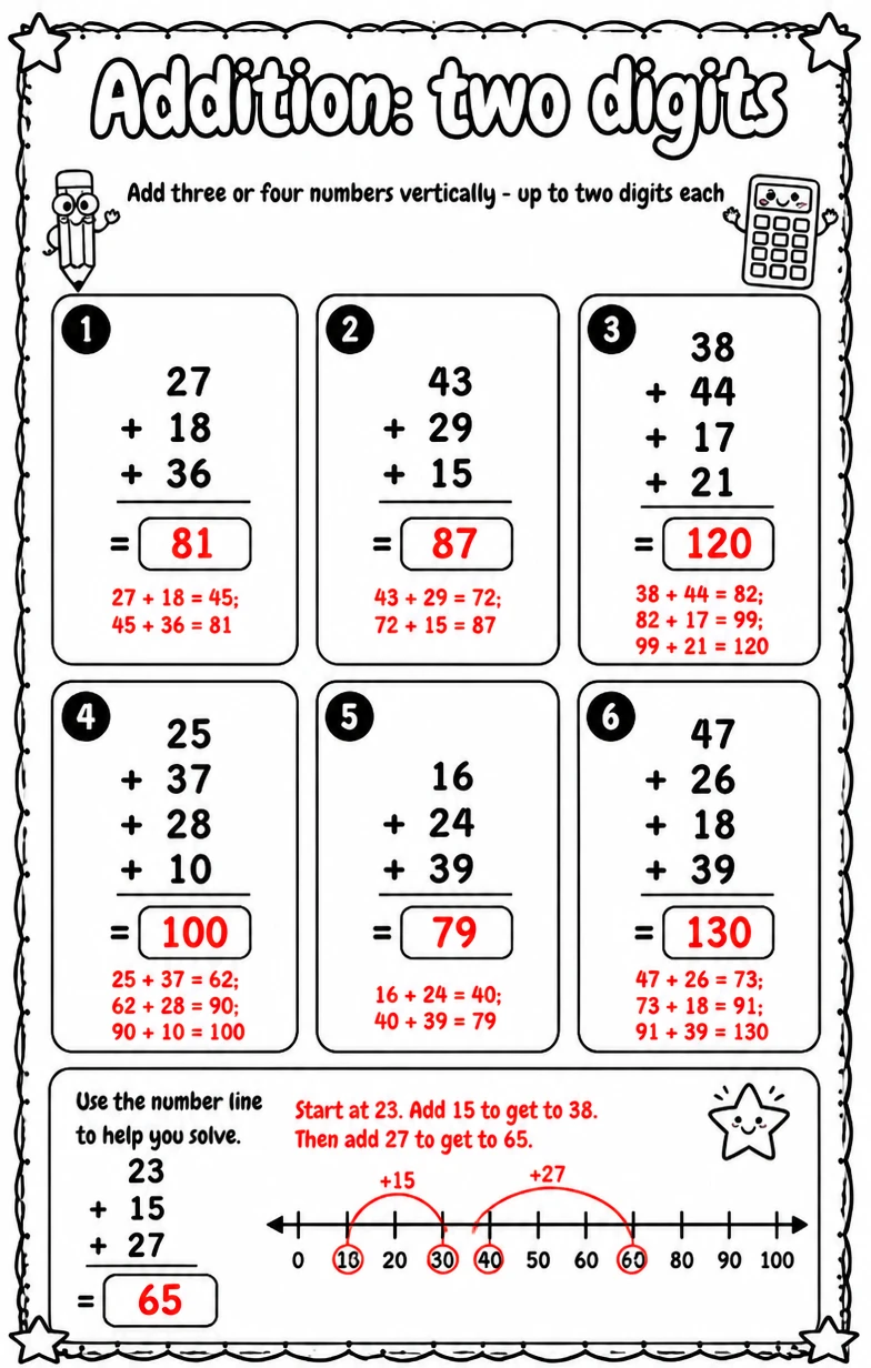 Answer key for Add three or four numbers vertically - up to two digits each — free printable Math worksheet