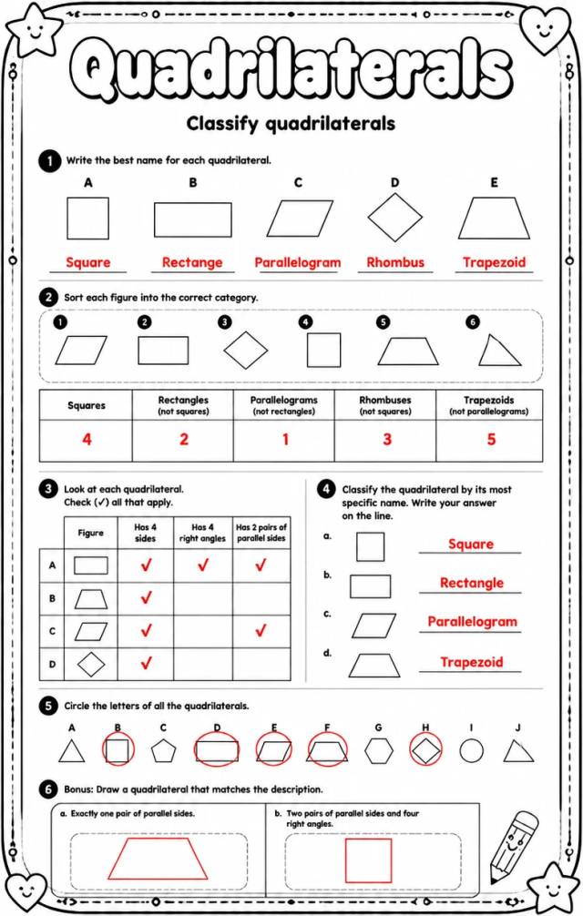 Answer key for Classify quadrilaterals — free printable Math worksheet