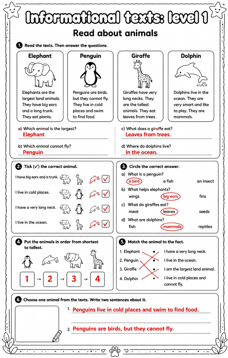 Answer key for Read about animals — free printable English & Reading worksheet