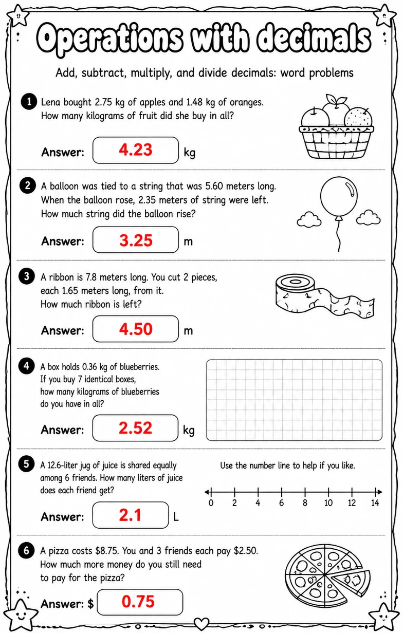 Answer key for Add, subtract, multiply, and divide decimals: word problems — free printable Math worksheet