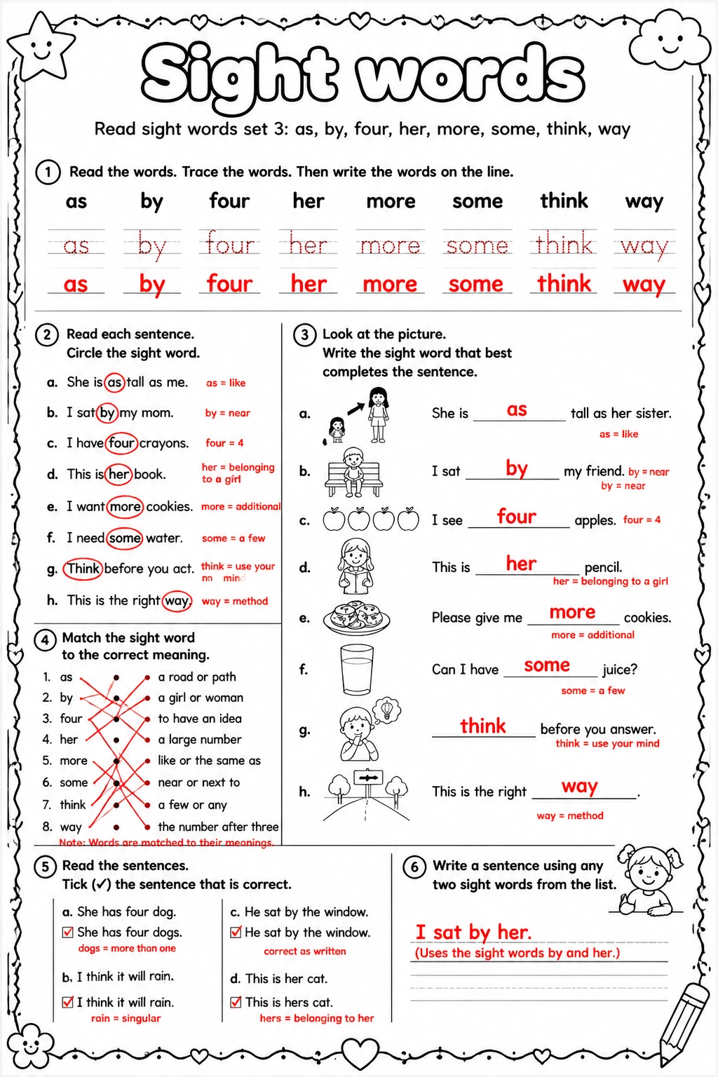 Answer key for Read sight words set 3: as, by, four, her, more, some, think, way — free printable English & Reading worksheet