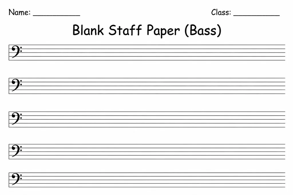 Blank bass clef staff paper printable with multiple empty five-line staves each headed by a pre-printed bass clef symbol with two dots