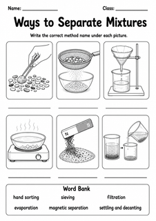 Separating Mixtures Pack | 10 Worksheets | Grade 6 Chemistry first worksheet page