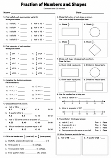 Grade 2 Fraction of Numbers and Shapes Maths Worksheet