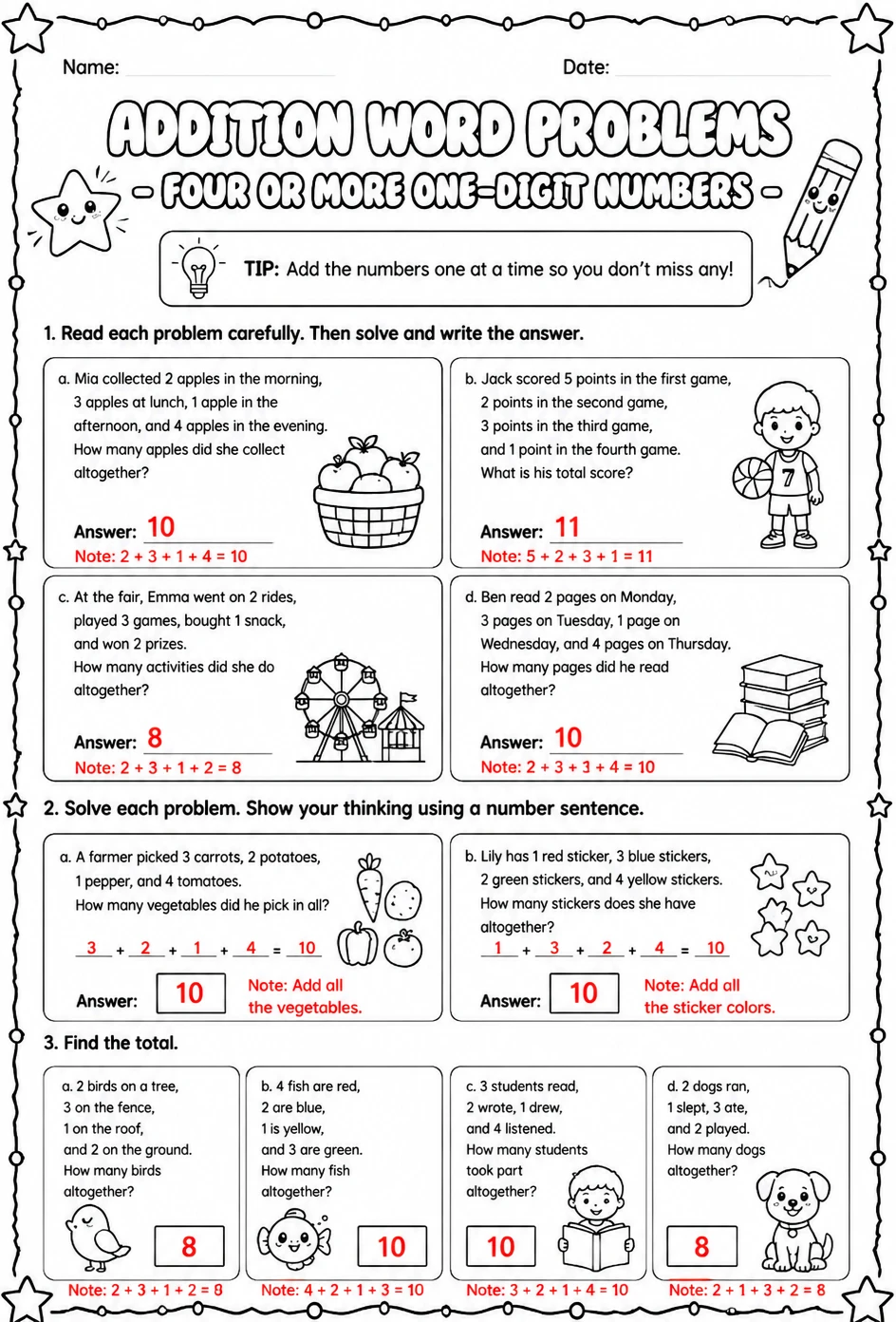 Answer key for Addition word problems - four or more one-digit numbers — free printable Math worksheet