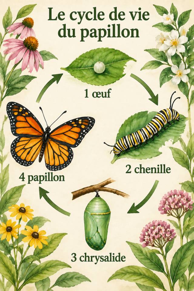Affiche botanique à l’aquarelle : œuf, chenille, chrysalide et papillon, en quatre étapes numérotées reliées par des flèches dans le sens des aiguilles d’une montre.
