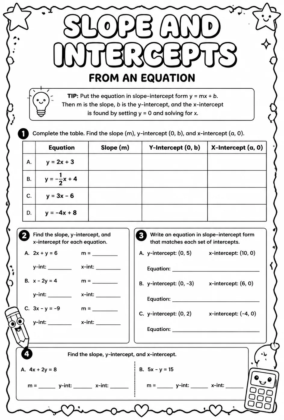 Find the slope and intercepts from an equation — free printable Algebra 1 math worksheet