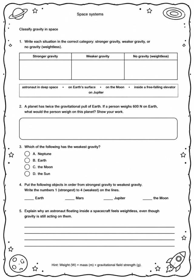 Classify gravity in space — free printable Middle School Science worksheet