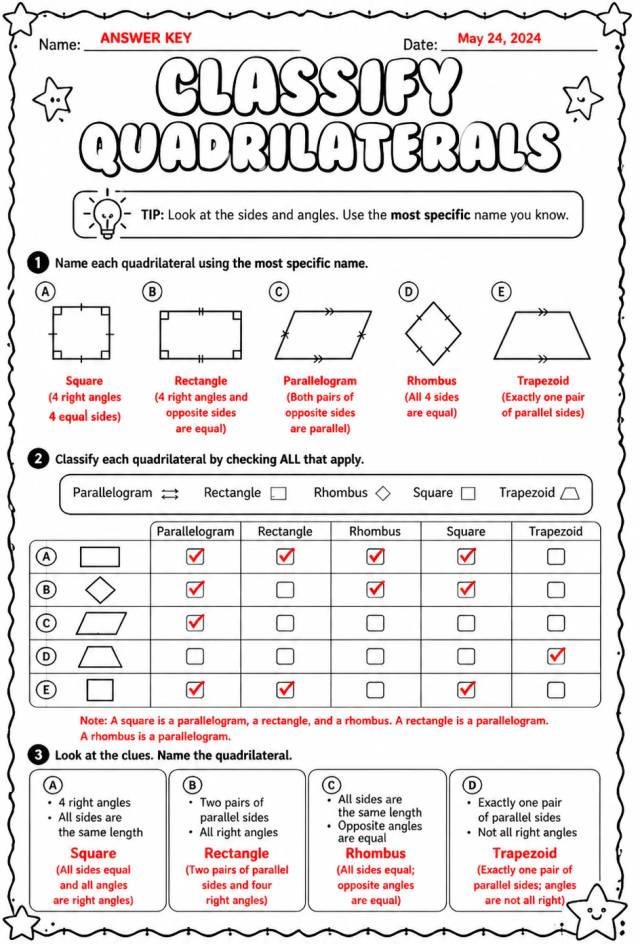 Answer key for Classify quadrilaterals — free printable Math worksheet