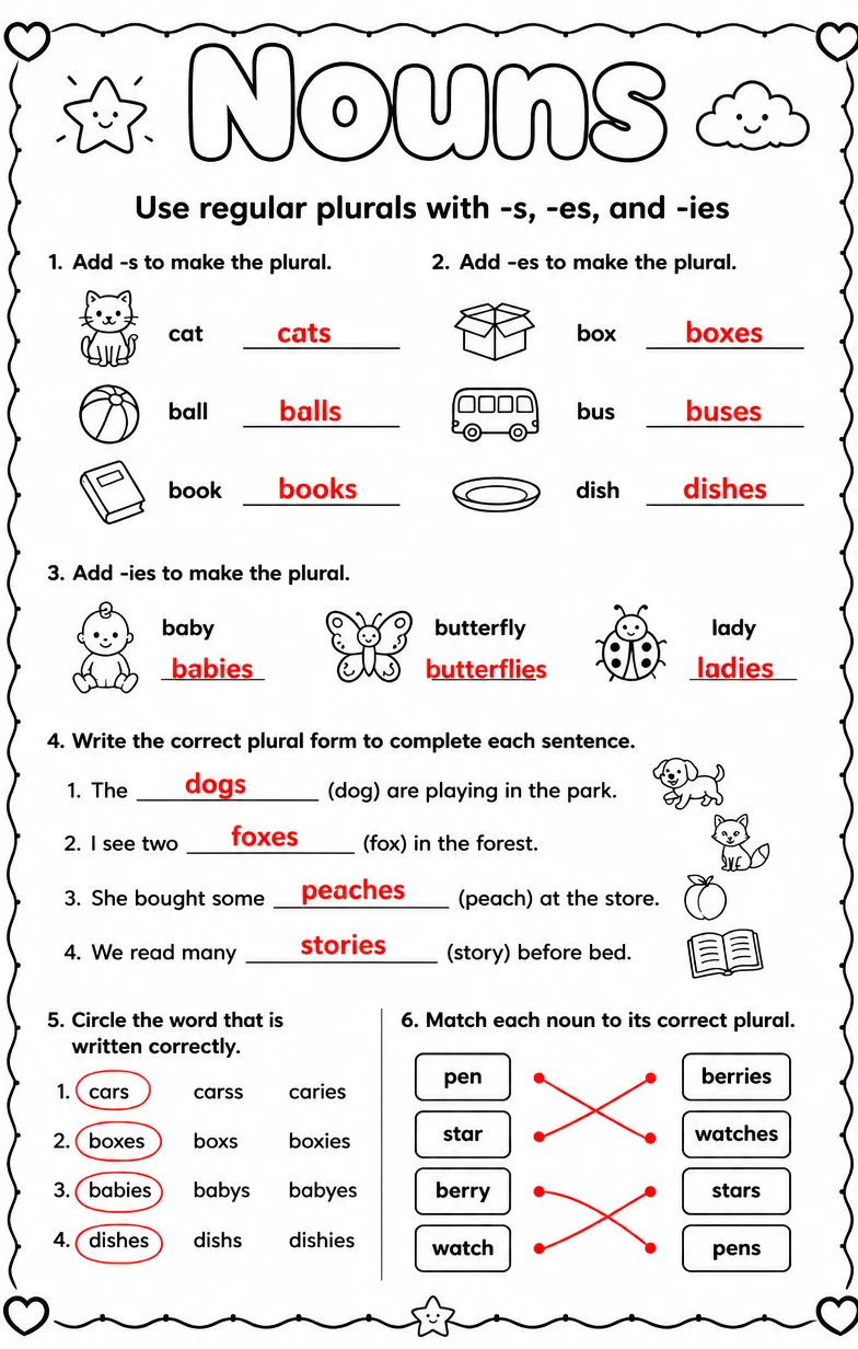Answer key for Use regular plurals with -s, -es, and -ies — free printable English & Reading worksheet