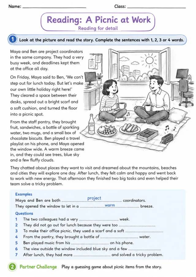 Cambridge Flyers - Reading: A Picnic at Work | Free Worksheet primary printable PDF preview