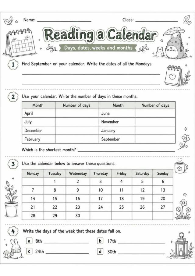 Reading a Calendar - Grade 3 Math Worksheet - grade 3 Reading, explanation, and short-response questions grade 3 printable PDF preview