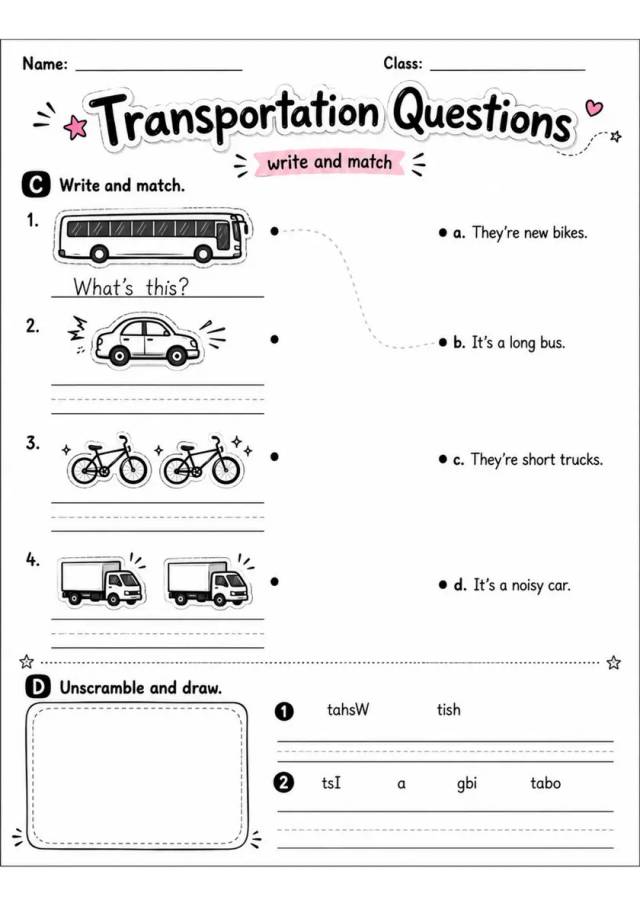 Transportation Questions | Grade 2 Vocabulary Worksheet grade 2 printable PDF preview