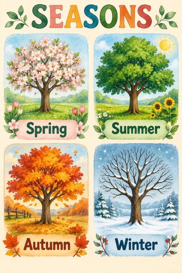 Watercolor Seasons poster showing a flowering spring tree, leafy summer tree, orange autumn tree and bare snowy winter tree.