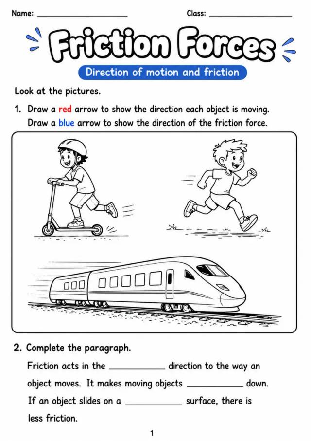 Friction Forces - Grade 3 Science Worksheet grade 3 printable PDF preview