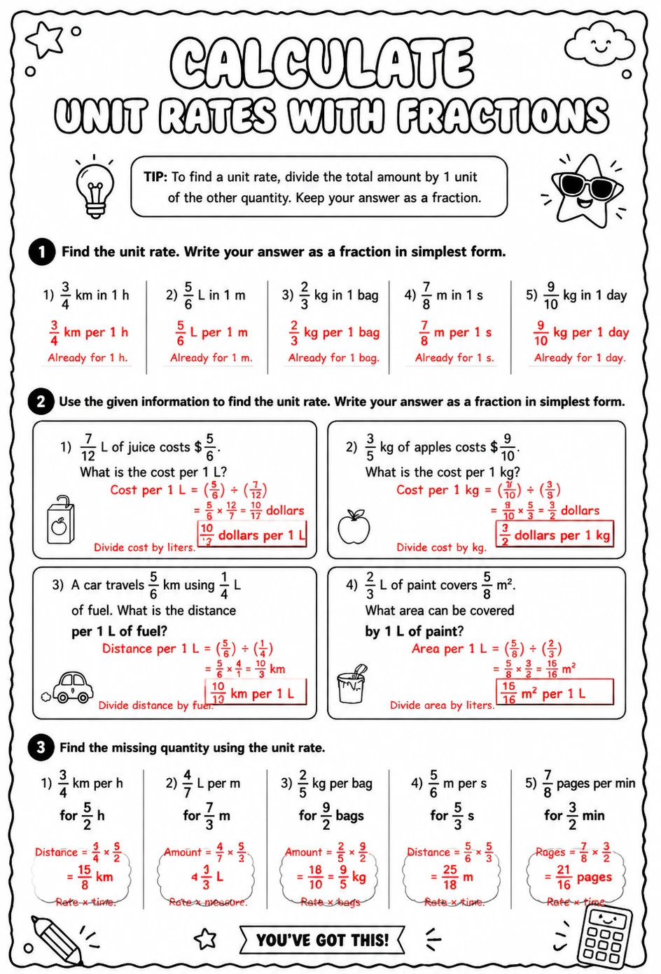 Answer key for Calculate unit rates with fractions — free printable Math worksheet
