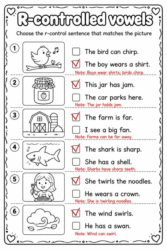 Answer key for Choose the r-control sentence that matches the picture — free printable English & Reading worksheet
