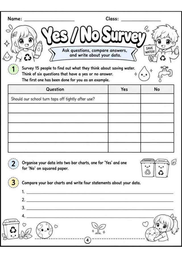 Yes / No Survey - Grade 3 Math Worksheet grade 3 printable PDF preview