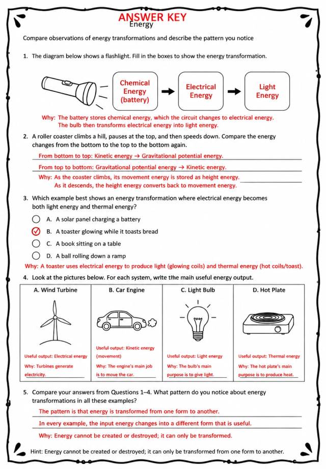 Answer key for Compare observations of energy transformations and describe the pattern you notice — free printable Science worksheet
