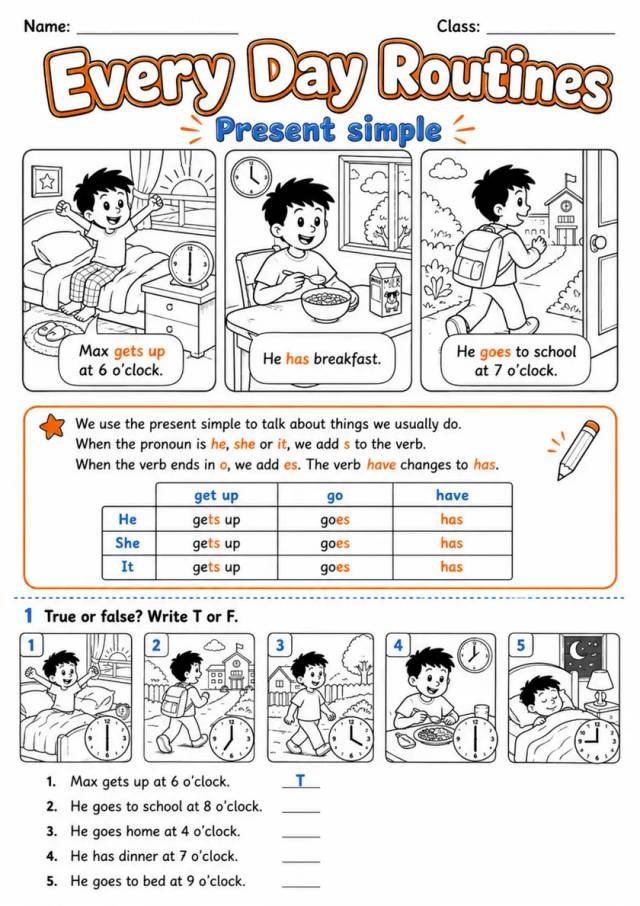 Every Day Routines | Grades 2-3 Grammar Worksheet grades 2 3 printable PDF preview