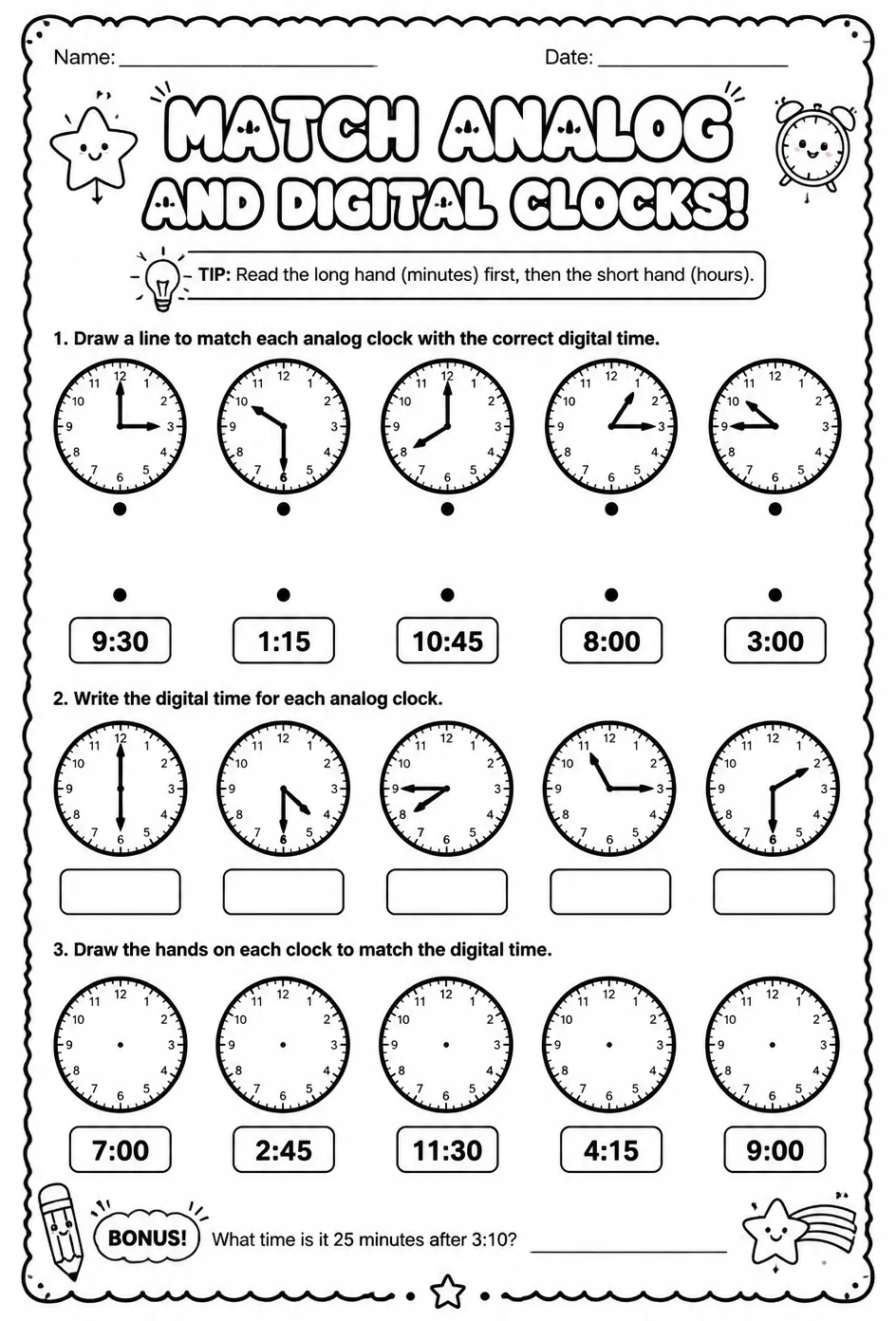 Match analog and digital clocks — free printable Grade 3 math worksheet