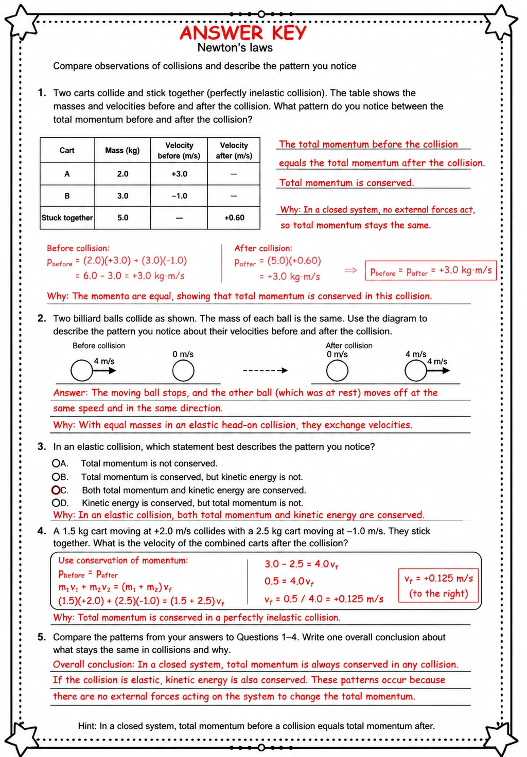 Answer key for Compare observations of collisions and describe the pattern you notice — free printable Science worksheet
