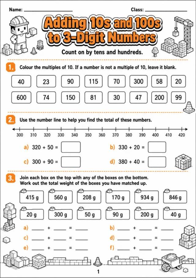 Adding 10s and 100s to 3-Digit Numbers - Grade 3 Math Worksheet - grade 3 Labeling, matching, sorting, and classification grade 3 printable PDF preview