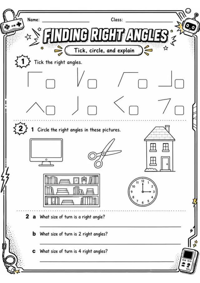 FINDING RIGHT ANGLES - Grade 3 Math Worksheet grade 3 printable PDF preview