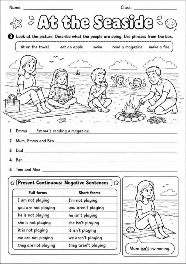 Present Continuous: At The Seaside 3 | Grades 3-4 Grammar Worksheet grades 3 4 printable PDF preview