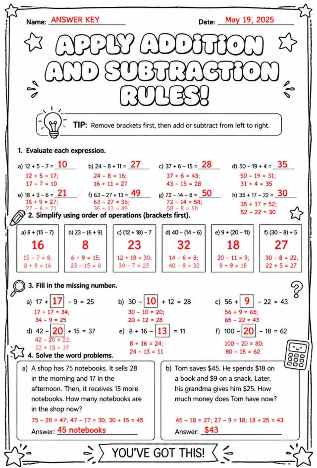 Answer key for Apply addition and subtraction rules — free printable Math worksheet