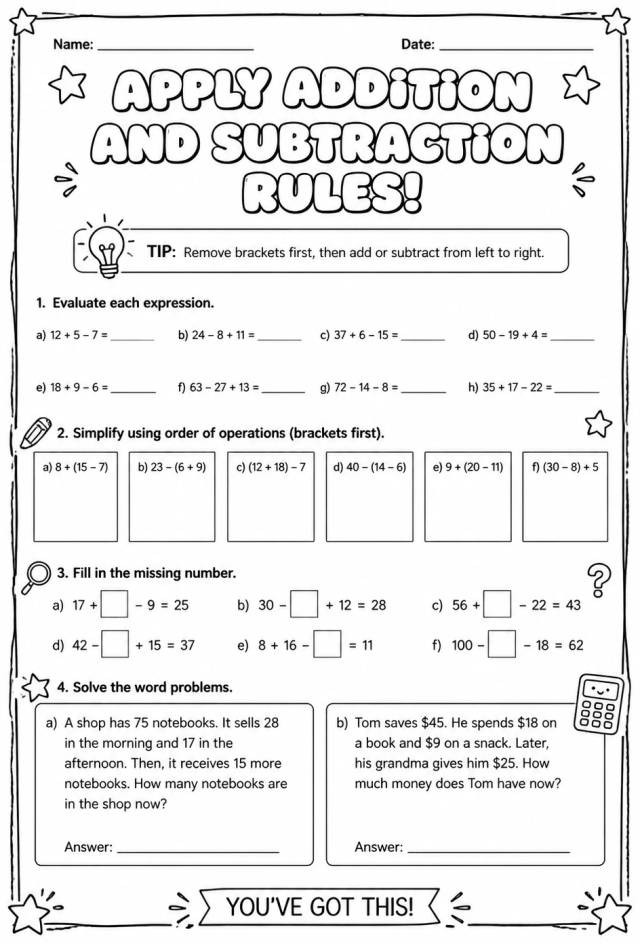 Apply addition and subtraction rules — free printable Grade 7 math worksheet