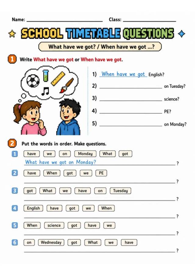 School Timetable Questions | Grades 2-3 Grammar Worksheet grades 2 3 printable PDF preview