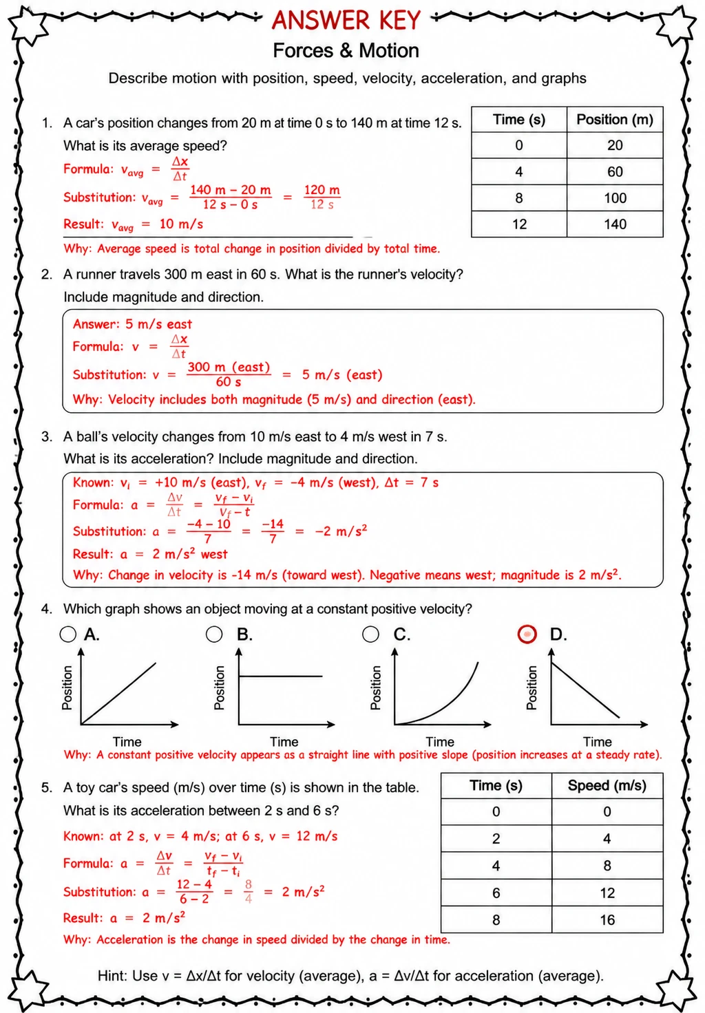 Answer key for Describe motion with position, speed, velocity, acceleration, and graphs — free printable Science worksheet
