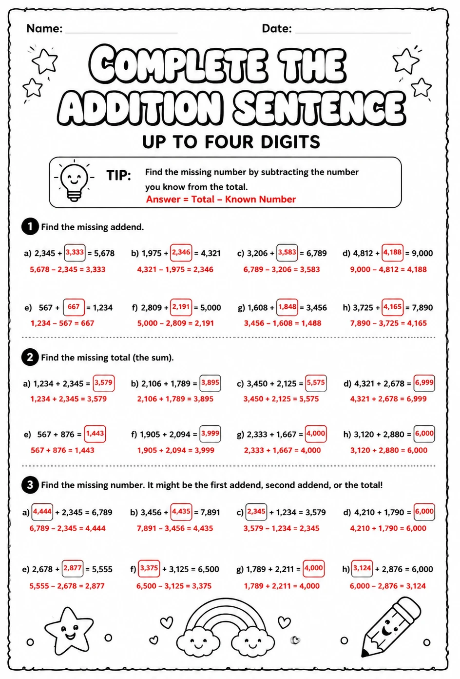 Answer key for Complete the addition sentence: up to four digits — free printable Math worksheet