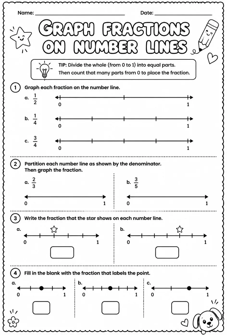 Graph fractions on number lines — free printable Grade 3 math worksheet