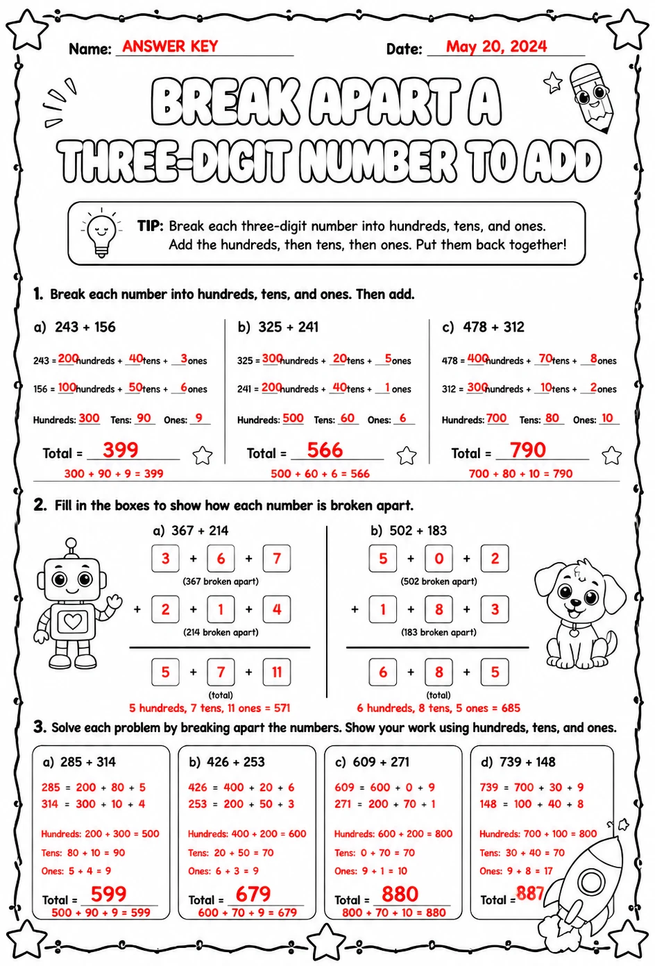 Answer key for Break apart a three-digit number to add — free printable Math worksheet