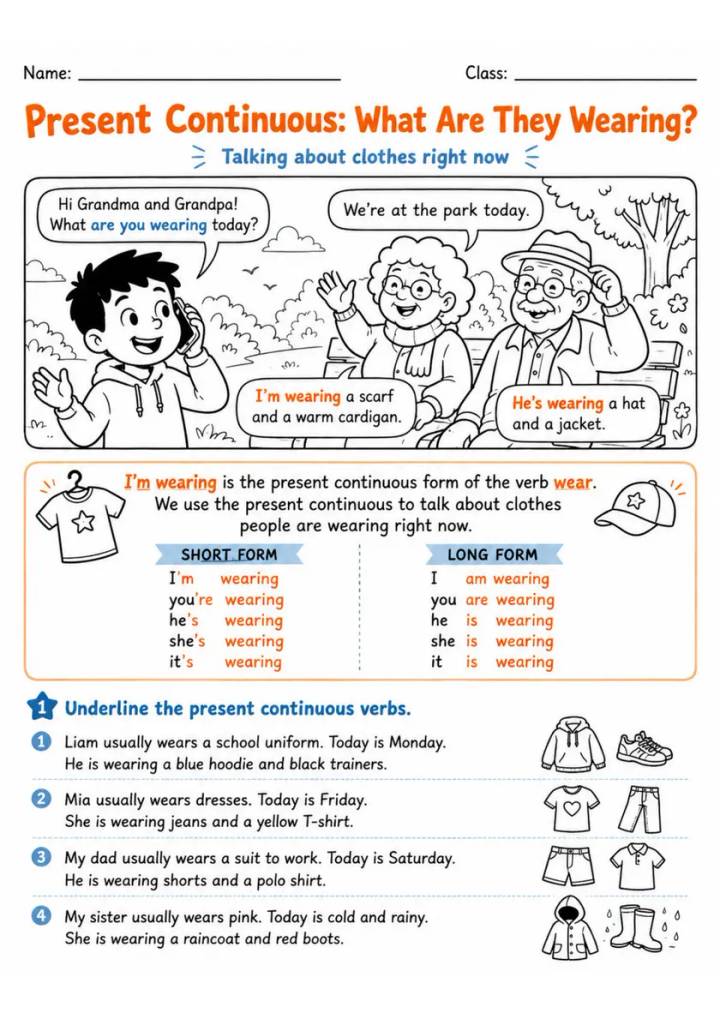 Present Continuous Clothes Pack - 2 Worksheets | Grades 2-3 grades 2 3 printable PDF preview