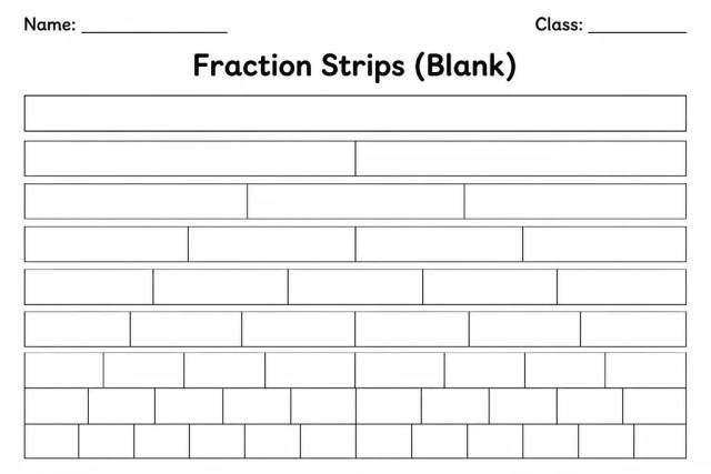 Printable blank fraction strips template showing rows of equal-length horizontal bars ready to be divided and labeled by students