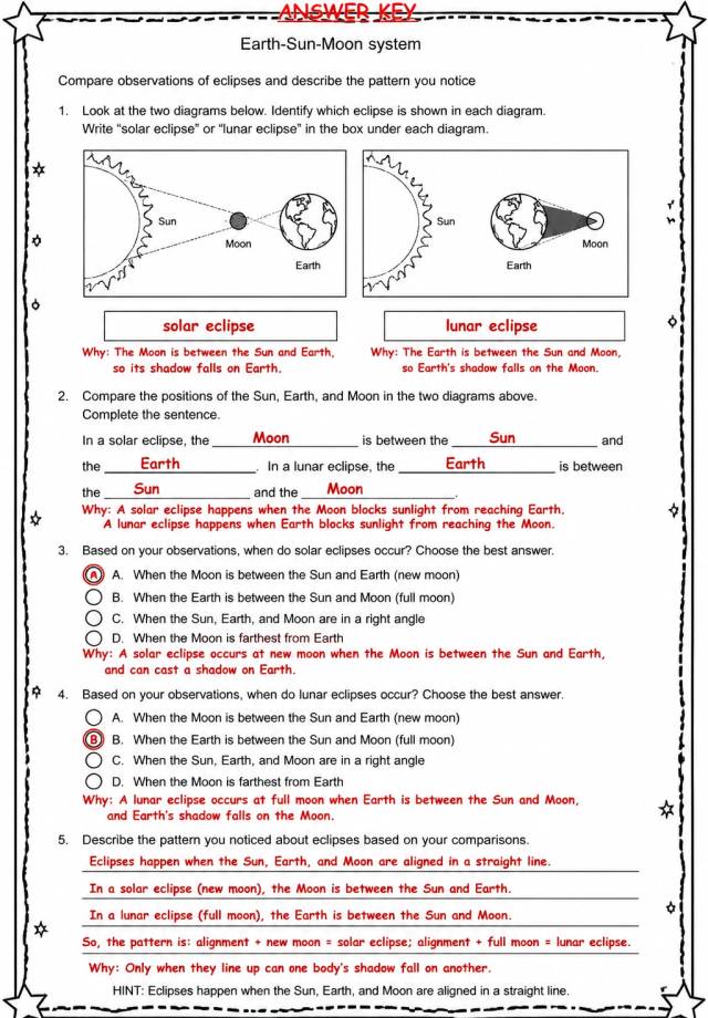 Answer key for Compare observations of eclipses and describe the pattern you notice — free printable Science worksheet